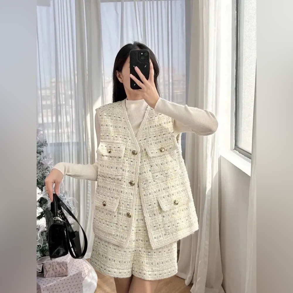 NWOT Sandro Paris Cream Bouclé Tweed Long Vest Gold Buttons EU 34